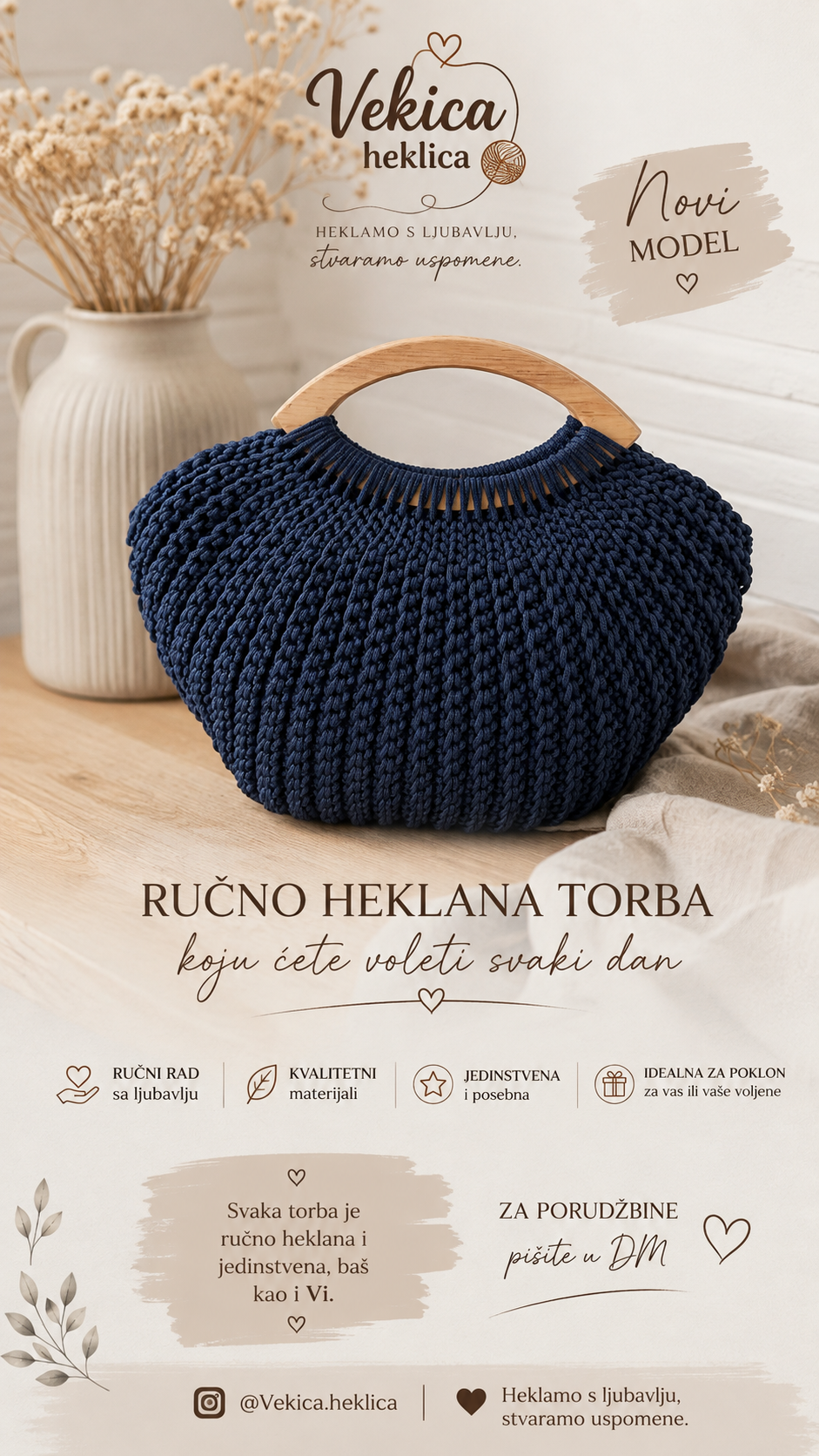 Poster teget heklane torbe sa drvenim ručkama